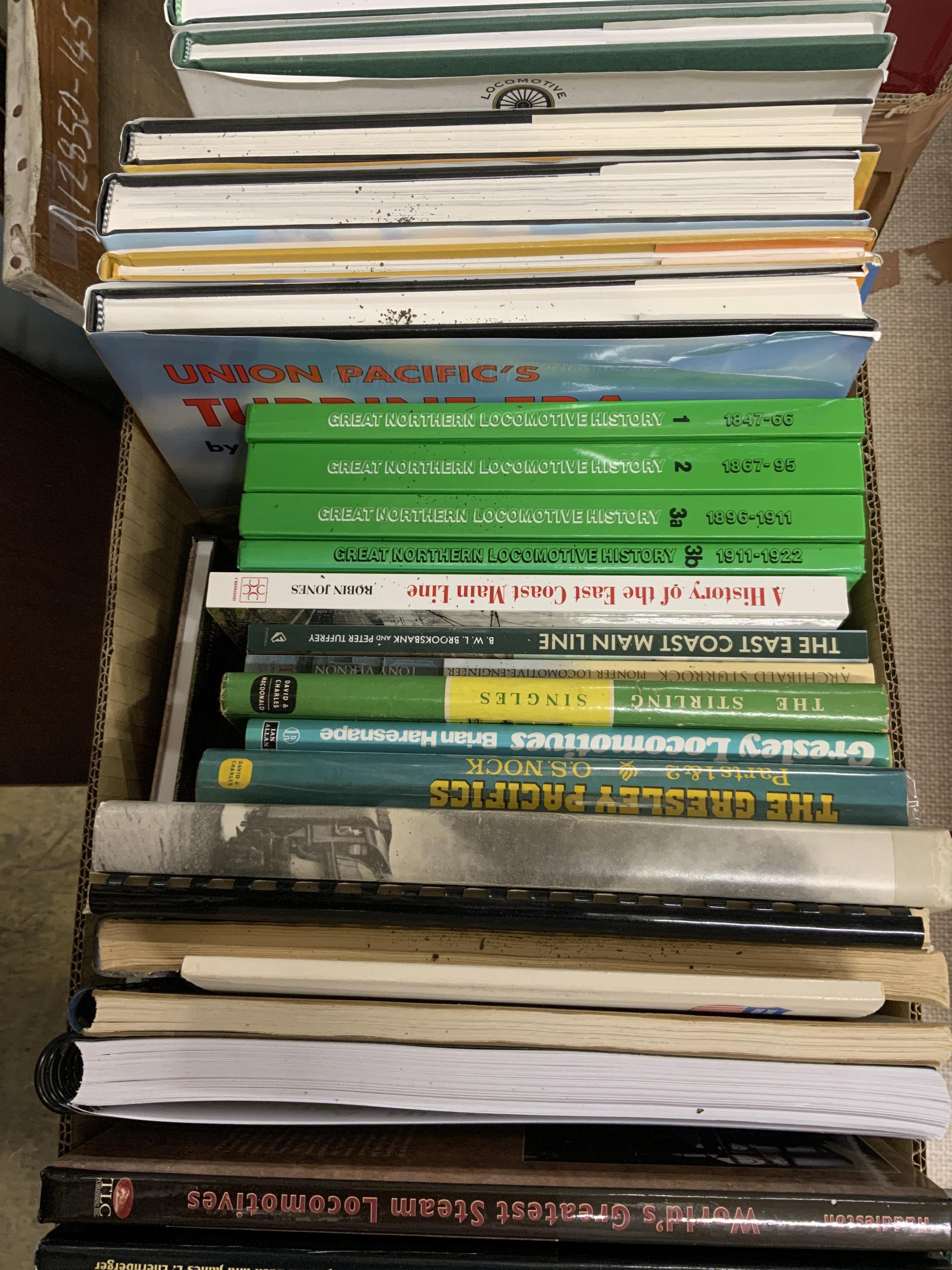 Eight boxes of railway related books, etc. subjects include; Indian railways, United States railways, Great Western Railway, steam trams, Union Pacific Railway, etc. publishers include; Middleton Press, Ian Allan, David